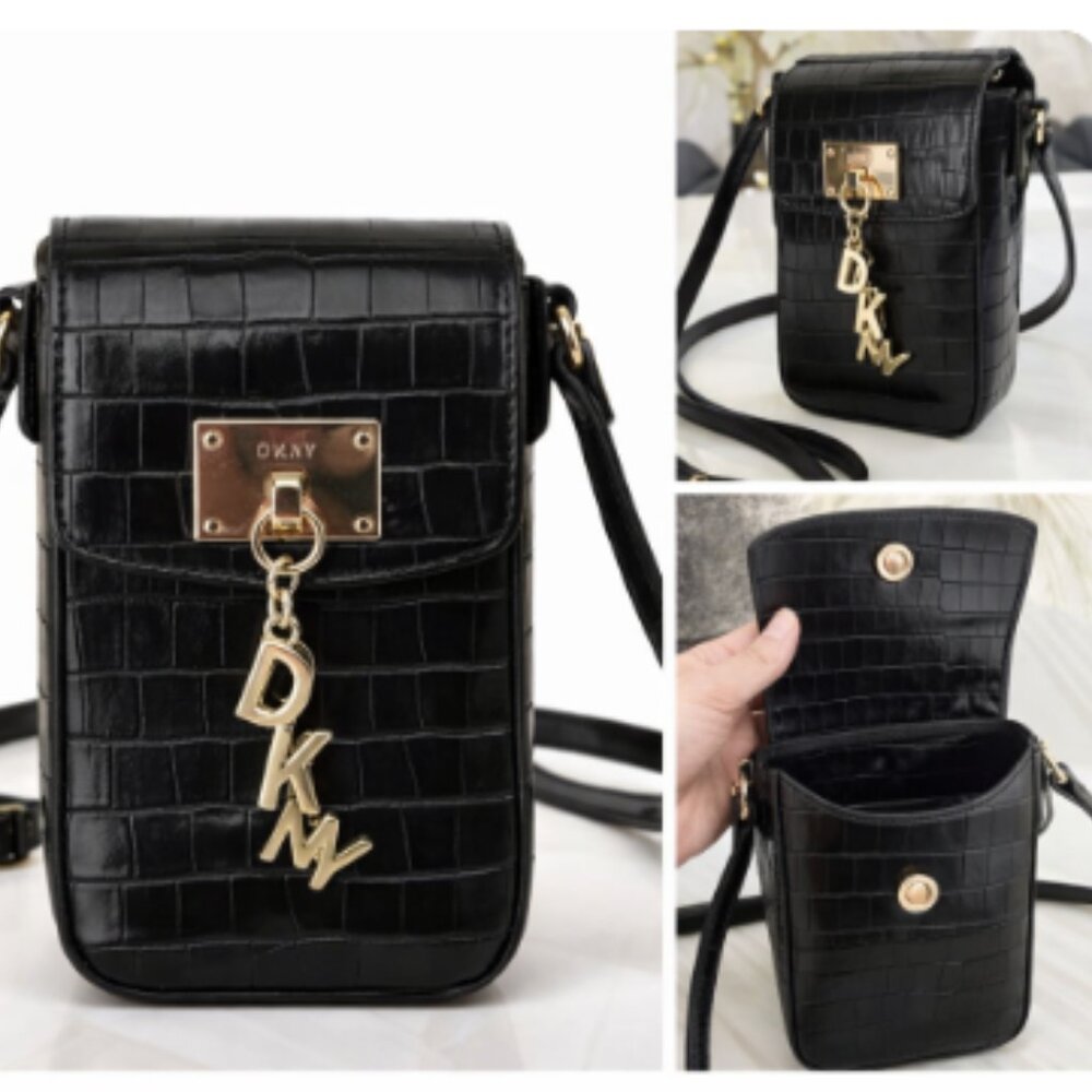 DKNY Black Croc Embossed Phone Crossbody Bag Gold Logo Charm
